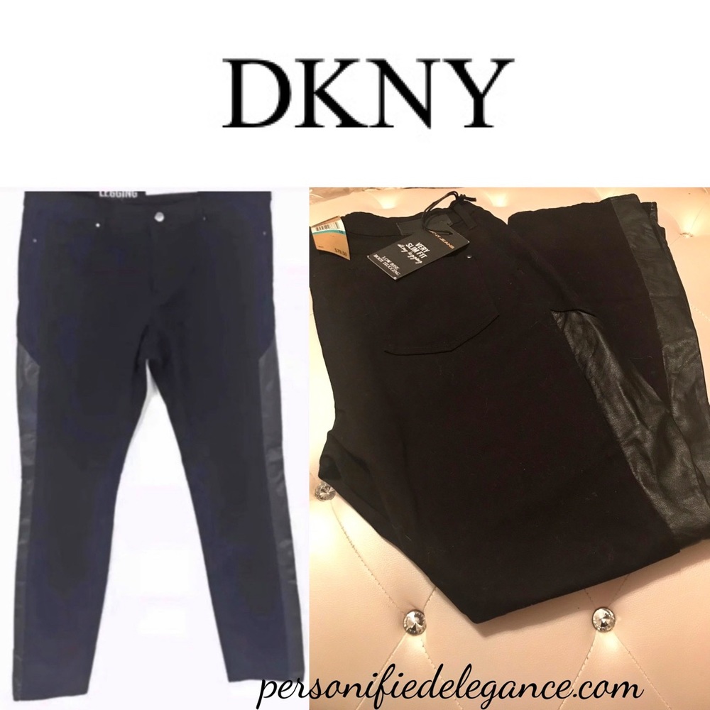 DKNY Jeans Black Very Slim Fit Denim Faux Leather Panel Jeggings Size 16
